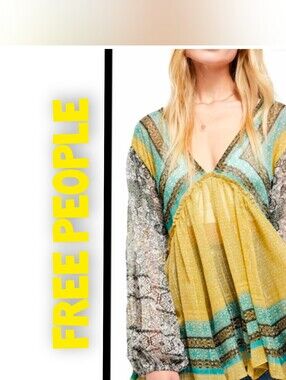 Free People Yellow and Teal Printed Boho Blouse
